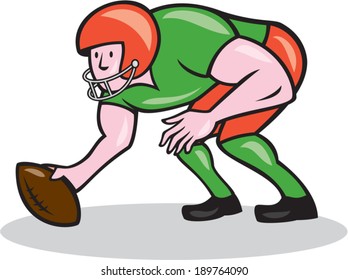 Illustration Of An American Football Gridiron Player Center Squatting Ready To Snap Facing Side On Isolated Background Done In Cartoon Style.