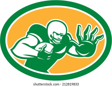 Illustration Of An American Football Gridiron Player Holding Ball Fending Off Stiff Arm Defend Set Inside Oval On Isolated Background Done In Retro Style. 