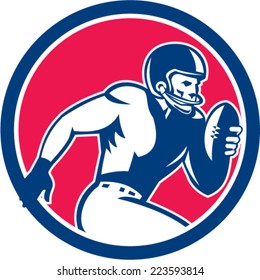 Illustration of an american football gridiron player holding ball running rushing viewed from the side set inside circle on isolated background done in retro style. 
