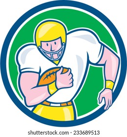 Illustration of an american football gridiron player fullback holding ball viewed from front set inside circle on isolated background done in cartoon style.