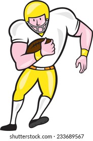 Illustration of an american football gridiron player fullback holding ball viewed from front set on isolated white background done in cartoon style.