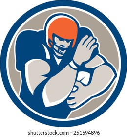 Illustration of an American football gridiron player holding ball fending off defend set inside circle on isolated background done in retro style. 