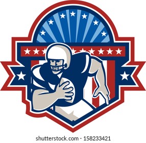 Illustration of an american football gridiron quarterback player throwing ball facing front set inside crest shield with ribbon, stars and sunburst done in retro style on isolated background.