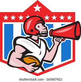 Illustration of an american football gridiron quarterback player holding bullhorn blowhorn shouting facing side set inside crest shield with stars in background done in cartoon style.