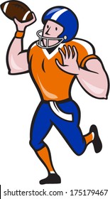 Illustration of an american football gridiron quarterback player throwing ball facing front on isolated background done in cartoon style.