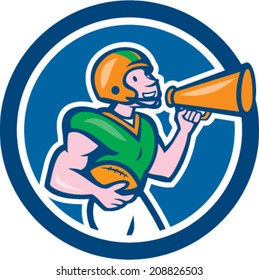 Illustration of an american football gridiron quarterback player holding bullhorn blowhorn shouting facing side set inside circle on isolated background done in cartoon style.