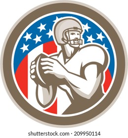 Illustration Of An American Football Gridiron Quarterback Player Throwing Ball Facing Side Set Inside Circle With Stars In Background Done In Retro Style.