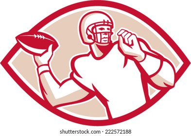 Illustration Of An American Football Gridiron Quarterback Qb Throwing Ball Set Inside Circle On Isolated Background Done In Retro Style. 