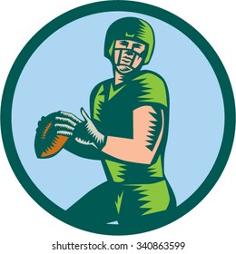 Illustration of an american football gridiron quarterback player throwing ball viewed from front set inside circle on isolated background done in retro woodcut style. 