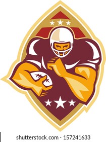 Illustration of an american football gridiron running back player running with ball facing front done in retro style set inside ball .