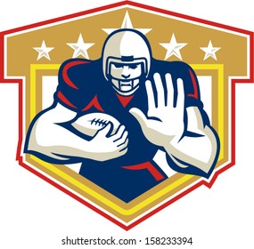 Illustration of an american football gridiron running back player running with ball facing front fending set inside shield done in retro style.