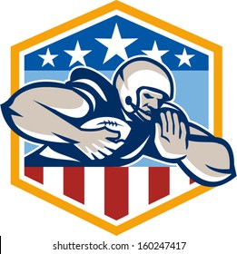 Illustration of an american football gridiron running back player running with ball facing front fending off with arm set inside USA stars and stripes crest shield done in retro style.