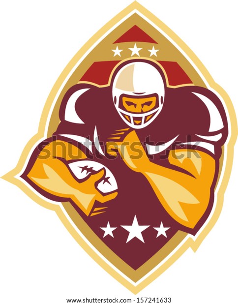 Illustration of an american football gridiron running\
back player running with ball facing front done in retro style set\
inside ball .