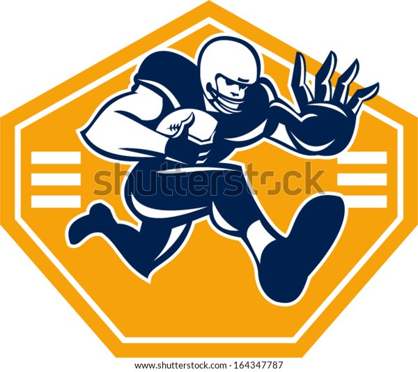 Illustration of an American football\
gridiron running back player running with ball facing front fending\
putting out a stiff arm set inside shield done in retro\
style.