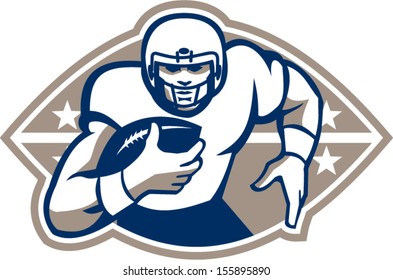 Illustration of an american football gridiron runningback player running with ball facing front done in retro style.