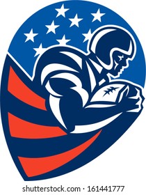 Illustration of an american football gridiron rushing running back player running with ball facing side set inside shield shape done in retro style.