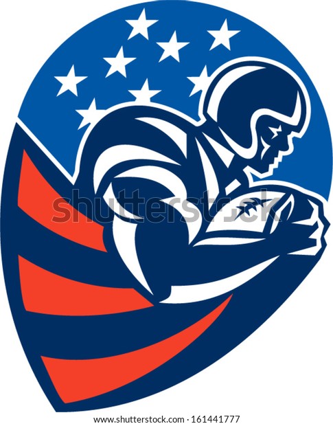 Illustration of an american football gridiron
rushing running back player running with ball facing side set
inside shield shape done in retro
style.