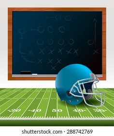 An illustration of an American Football helmet sitting on a football field with a chalkboard drawn with plays. Vector EPS 10 available. EPS file contains transparencies and gradient mesh.