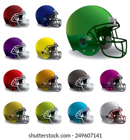 An illustration of American football helmets in various colors. EPS 10. EPS contains gradient mesh.