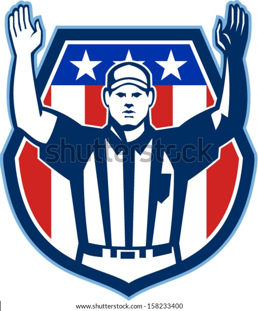 Illustration of an\
american football official referee with hand pointing up for a\
touchdown facing front set inside crest shield with stars and\
stripes flag done in retro\
style.