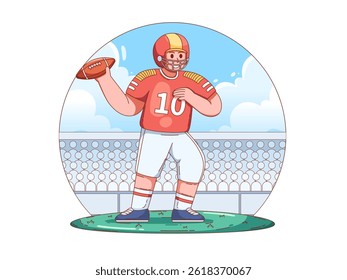 illustration of American football player in action, He is holding a football in a throwing position, ready to make a pass to another player.