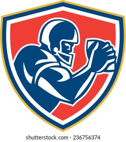 Illustration of an american football player with helmet holding ball viewed from the side set inside shield crest on isolated background done in retro style. 