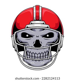 Illustration of American football player human skull character wearing helmet