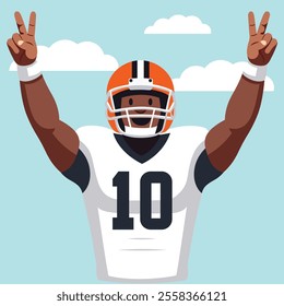 An illustration of an American football player wearing a white jersey with the number 10, a bright orange helmet with black and white stripes, raising both arms in celebration while flashing victory s