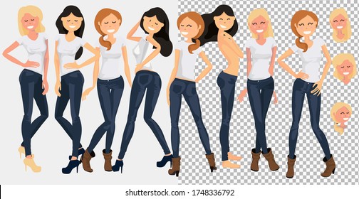 Illustration of American Girls Wearing White Shirt. Group of young women standing in white t-shirts isolated