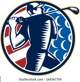 Illustration of an American golfer playing golf swinging club set inside circle with USA stars and stripes flag on isolated background.