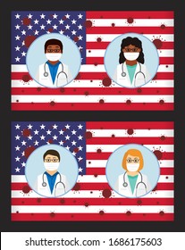 Illustration Of American Healthcare Provider, Medical Care Worker, Nurse Or Doctor As Heroes Wearing Surgical Mask With United States Of America USA Flag.