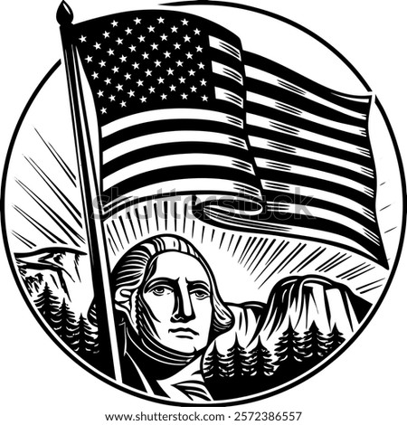Illustration of the American holiday President's Day. Black and white vintage woodcut style. Independence and patriotism concept for design and print