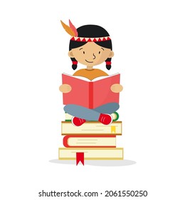 An Illustration Of A American Indian Child Sitting On A Stack Of Books. National Native American Heritage Month Concept. Isolated On White.