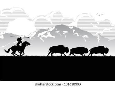 Illustration of American Indian hunting bison, vector