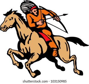 Illustration  of American Indian riding a horse shooting arrow with bow on isolated white background.