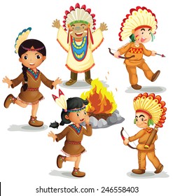 Illustration of american indians dancing around the campfire