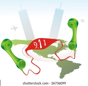 Illustration with American map, two towers, airplanes and two phone receiver with "911" grown from the cord.