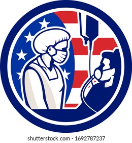 Illustration of an American medical doctor, healthcare professional or nurse wearing surgical mask tend an infectious COVID-19 coronavirus patient with USA stars and stripes flag done in retro style.