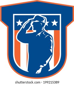 Illustration of an American military serviceman salute saluting side view with stars and stripes in background set inside a shield done in retro style. 