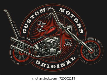 Illustration with american motorcycle on dark background in circle. All elements, text is on the separate layer.(color version)