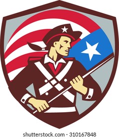 Illustration of an American patriot brandishing holding American USA flag looking to the side, set inside shield crest done in retro style. 