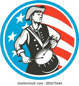 Illustration of an american patriot drummer looking to the side viewed from front, set inside circle with usa stars and stripes flag in the background done in retro style. 