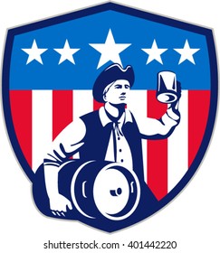 Illustration of an American Patriot holding a beer mug toasting while carrying beer keg set inside crest shield with USA stars and stripes on isolated white background done in retro style. 