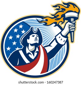 Illustration of an American Patriot holding a flaming torch looking up set inside oval with USA stars and stripes flag on isolated white background.