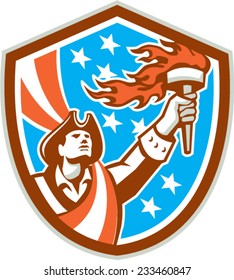 Illustration of an American Patriot holding a flaming torch looking up set inside shield crest with USA stars and stripes flag in the background done in retro style. 