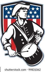 Illustration of an American patriot minuteman revolutionary soldier drummer with drums and stars and stripes flag set inside shield done in retro style.