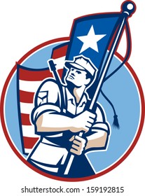 Illustration of an American patriot solider military serviceman looking up holding a USA stars and stripes flag in background set inside circle.