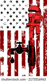 Illustration of an American plumber flag. Wrench viewed from the side and water tap with drop with usa stars and stripes flag in the background done in retro.