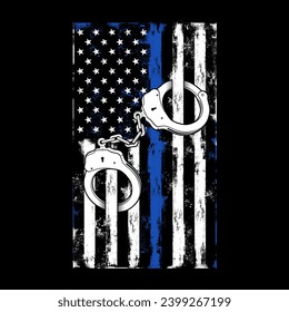 illustration american police flag with hand cuffs on the flag, thin blue line, justice, officer