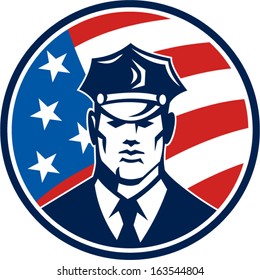 Illustration of an American policeman security guard police officer facing front set inside circle with USA stars and stars flag done in retro style.